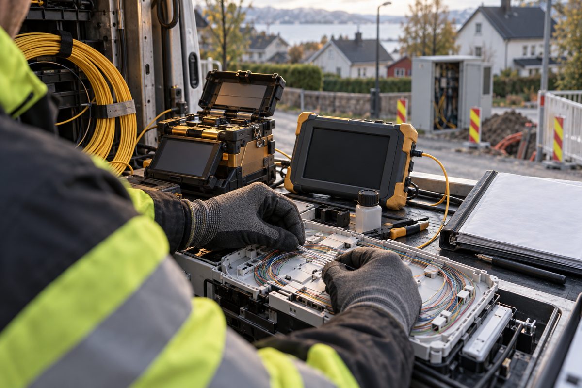 Fiberinstallatør arbeider med fargerike fibertråder i en spleiseboks ved servicebil og veiarbeid.