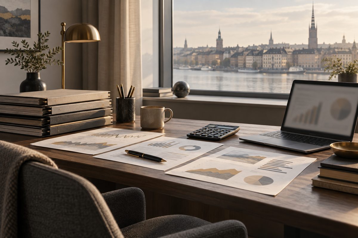 Finansrådgiverens arbeidsbord med klientmapper, risikografer, kalkulator og bærbar PC foran en nordisk byutsikt.