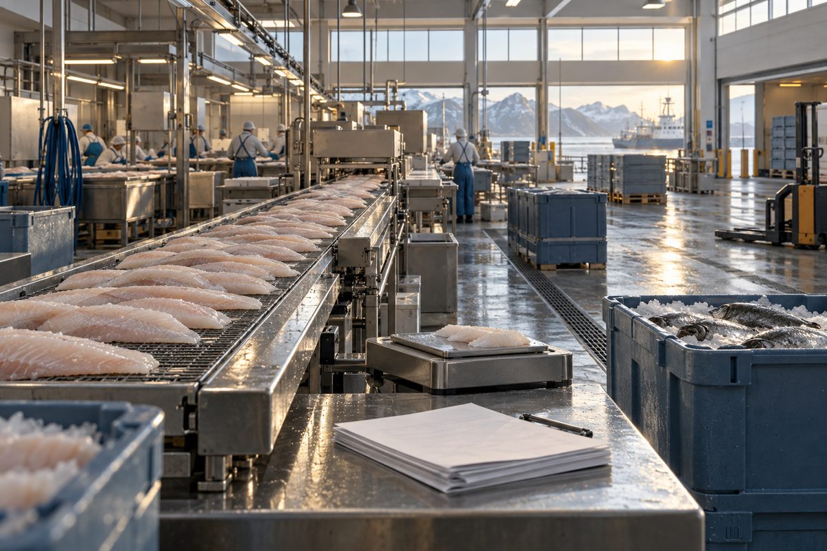 Filetlinje med fersk fisk, kjølekasser, kontrollvekt og eksportpapirer i en lys norsk foredlingshall ved sjøen.