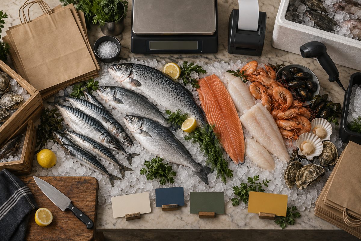 Fersk fisk, fileter og skalldyr på is med blanke poser, vekter, skanner og kvitteringsskriver i en sjømatbutikk.