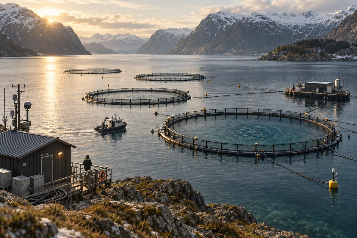 Oppdrettsanlegg med laksemerder, servicebåt, fôrflåte og sensorbøyer i en rolig norsk fjord under snødekte fjell.