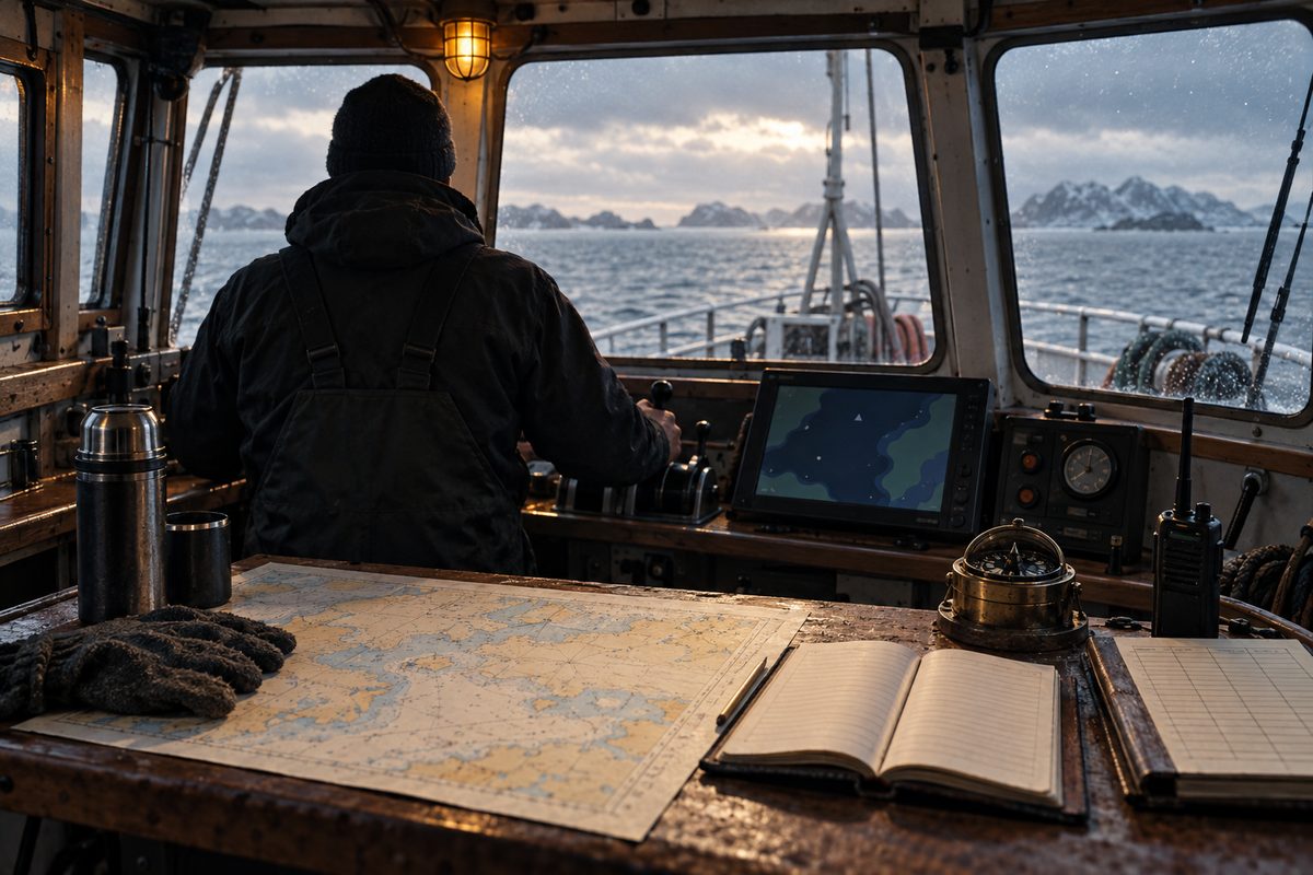 Fisker i styrehuset med nautisk kart, kompass, loggbok og navigasjonsskjerm mot et vinterlig hav.