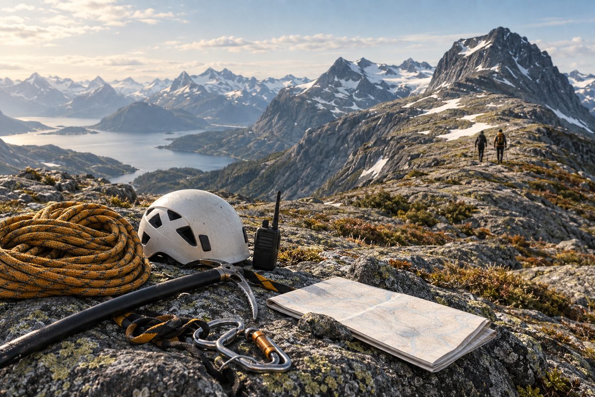 Tau, hjelm, isøks og kart ligger på en fjellrygg mens to små silhuetter følger en trygg rute mot snødekte topper.