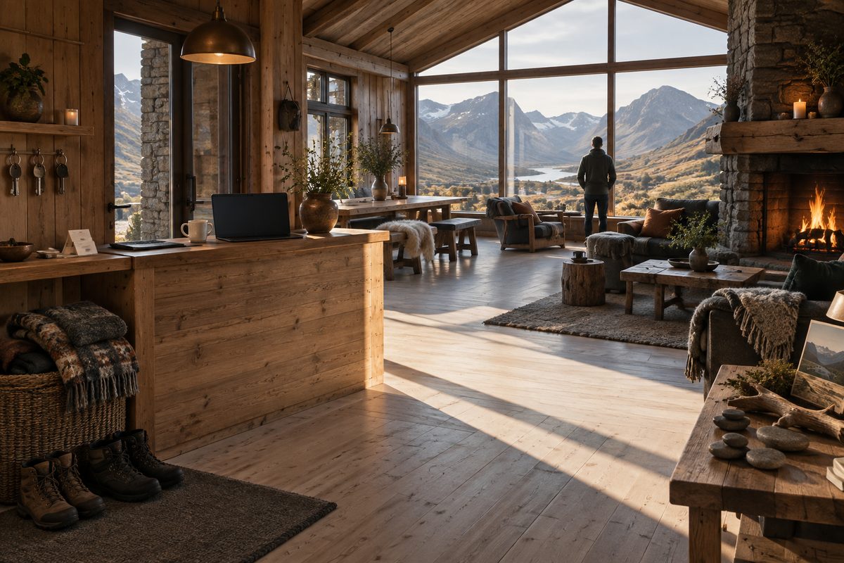 Lys fyller en norsk fjellstue med resepsjon, nøkkelkrok, laptop, ullpledd og støvler, mens en gjest ser ut mot fjellene.
