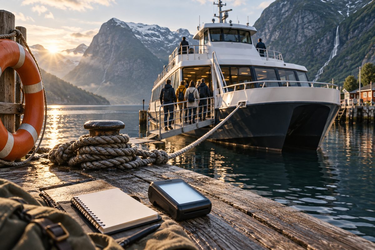 Fjordcruisebåt ved trebrygge med fortøyd tau, livbøye, notatbok og fjellandskap i morgenlys.