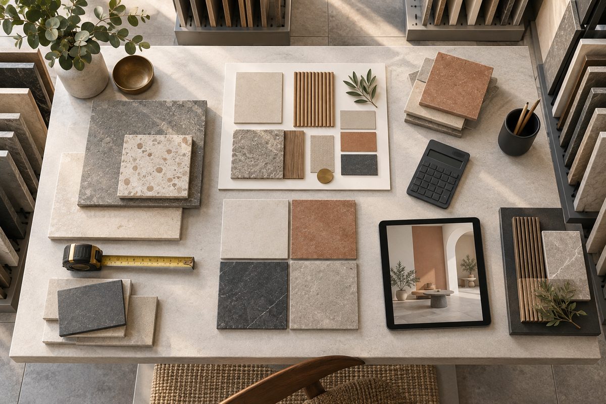 Flisprøver, materialtavle, målebånd og kalkulator ligger ordnet på bordet i et nordisk flis-showroom.
