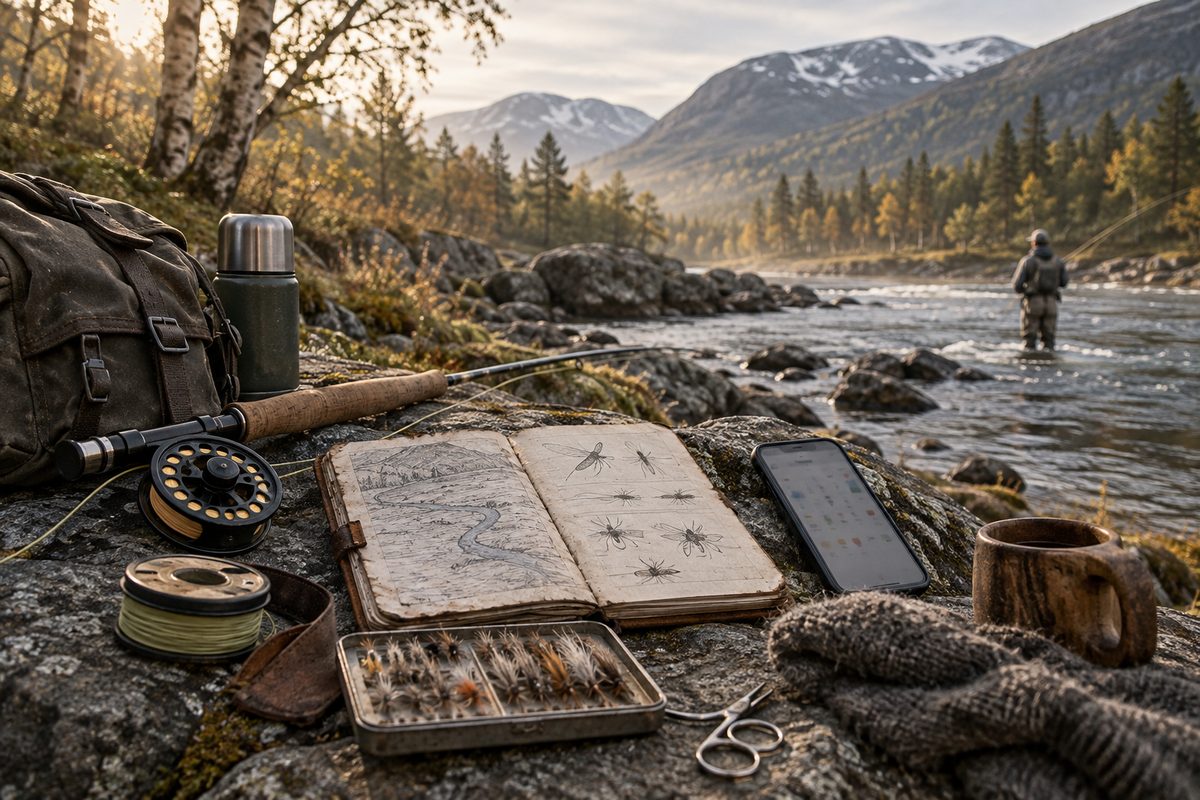 Fluefiskeutstyr, slitt notatbok og mobil ligger på en stein ved en elv, med en guide i vannet foran fjellene.