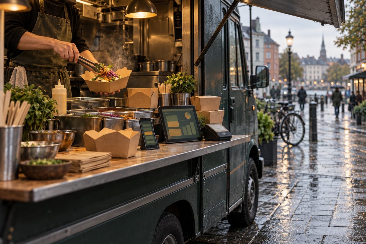 En foodtruck serverer varm gatemat i en våt nordisk bygate, med takeaway-bokser, mobil og nettbrett ved luken.