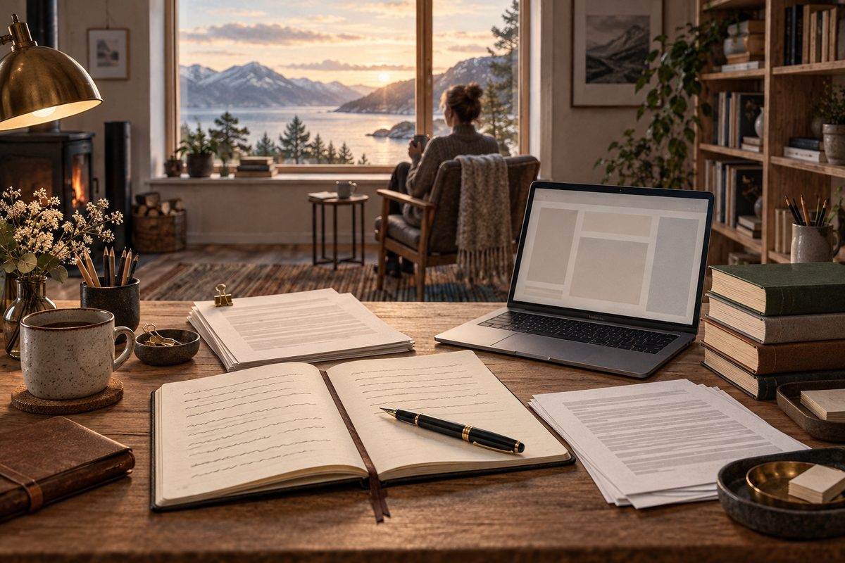 Skrivebord med åpen notatbok, penn, manus, bøker og laptop foran en forfatter ved vinduet.