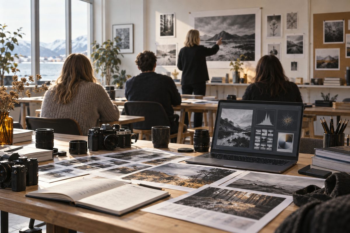 Fotokurs i et lyst nordisk studio med kameraer, objektiver, fotografier og en lærer som underviser en anonym gruppe.