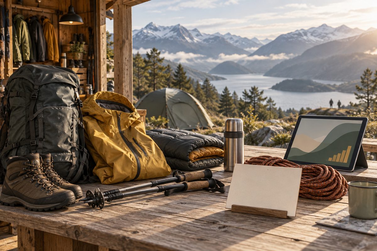 Friluftsbutikkens arbeidsbenk med sekk, fjellklær, telt, sovepose og tau foran fjord og snødekte fjell.