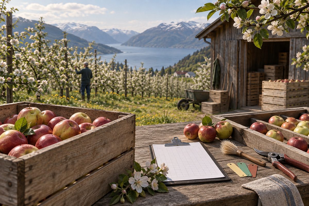 Eplekasser, epler, blankt skjema, pollineringsbørste og hageredskaper står foran en blomstrende frukthage ved fjorden.