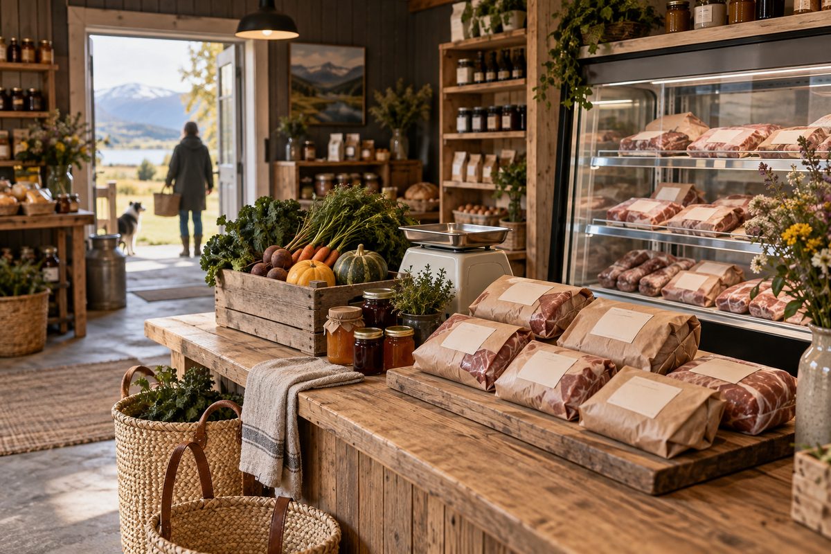 Innpakkede kjøttvarer, grønnsaker og glass med syltetøy fyller disken i en gårdsbutikk, mens en kunde står ved døren.