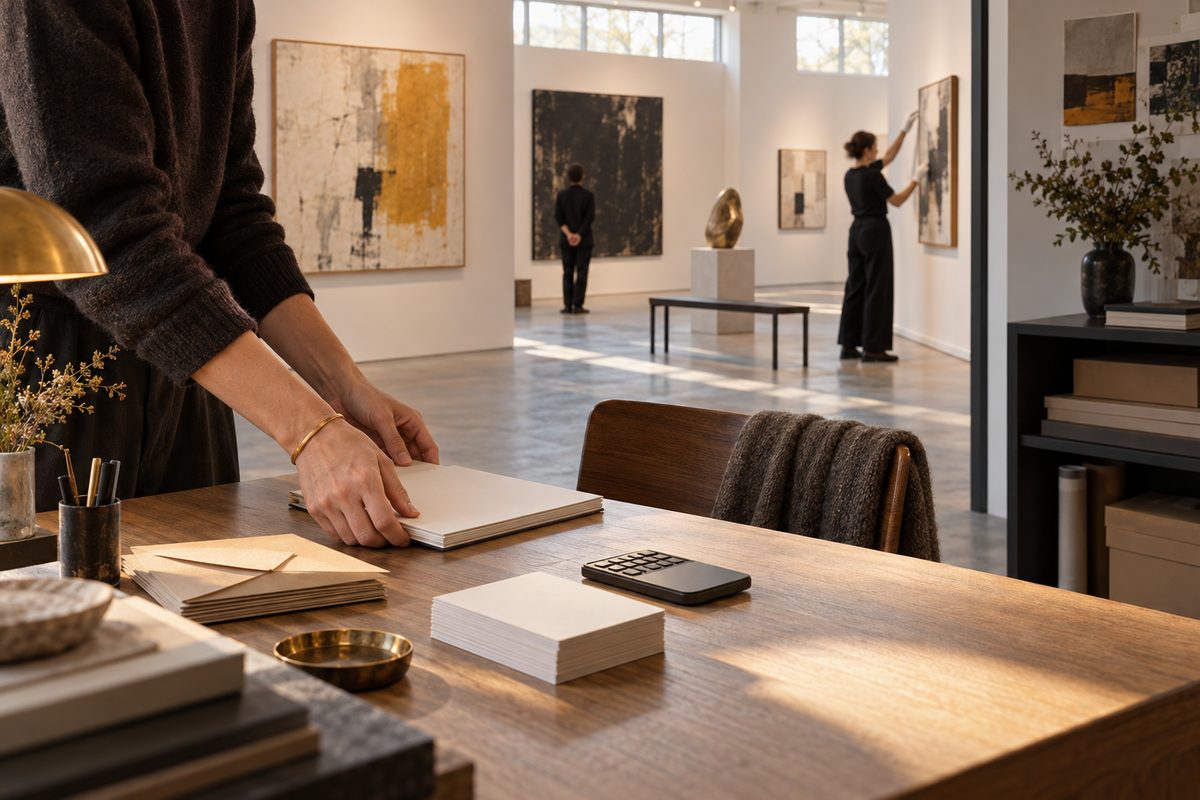 Hender sorterer blanke kort og dokumenter ved et trebord i et lyst nordisk kunstgalleri med abstrakte verk på veggene.