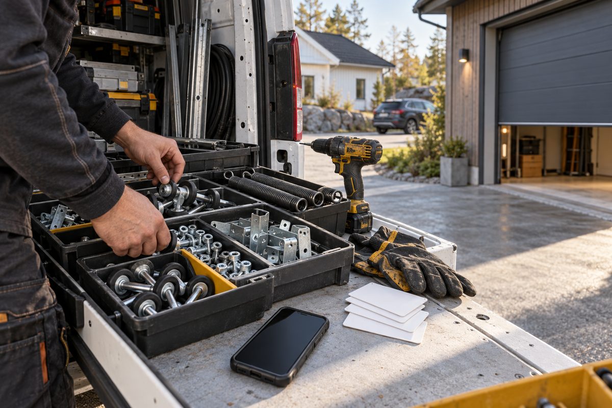 Hender sorterer ruller, fjærer og beslag i servicebilen foran en åpen garasje, med verktøy, blanke kort og mobiltelefon.