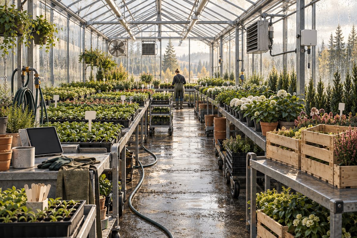 Lang veksthusgang med plantebrett, vanningsslange, traller, klimautstyr og blankt nettbrett i mykt dagslys.