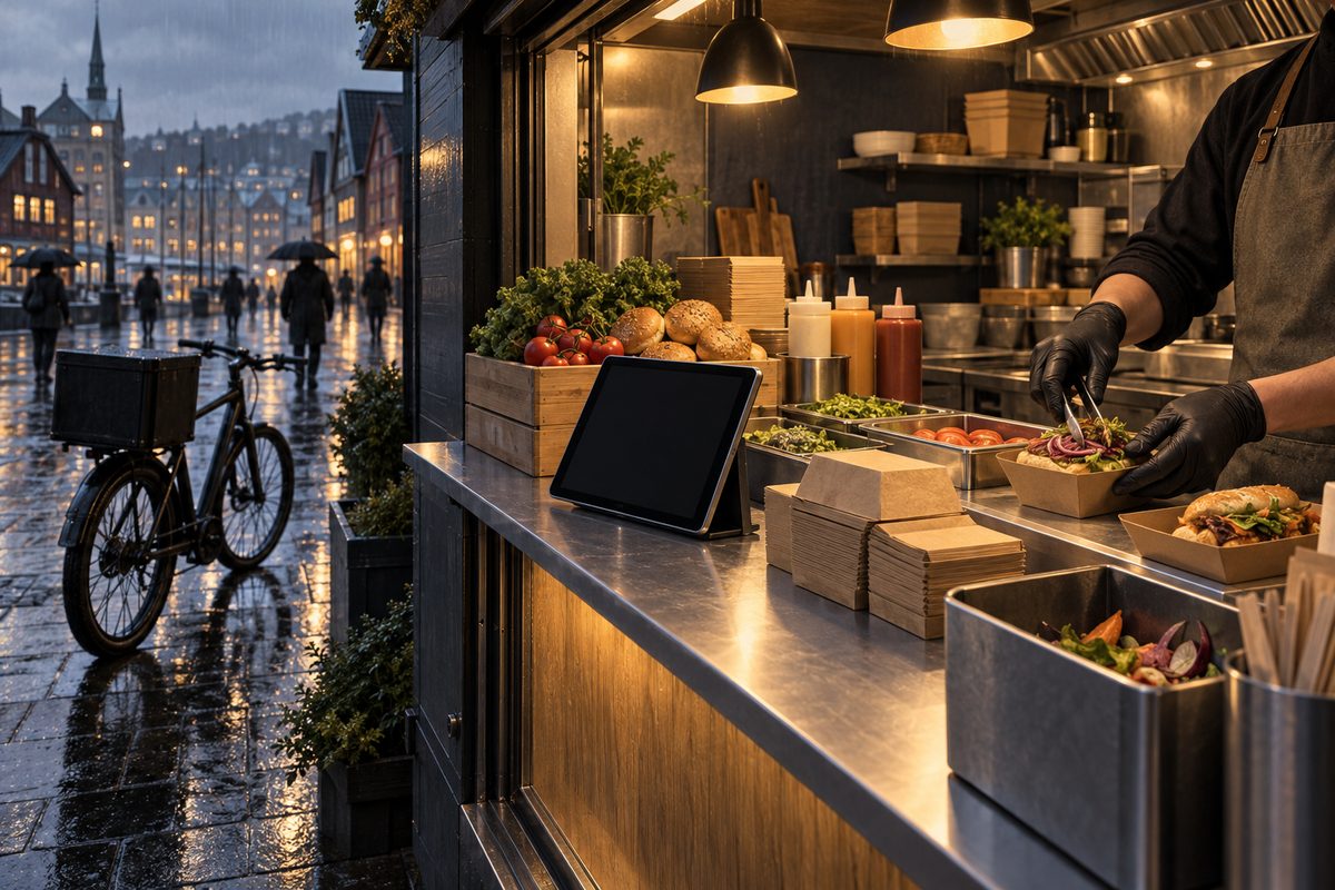 Regnvåt bygate møter en opplyst serveringsluke med råvarer, blank bestillingsskjerm, emballasje og hender som lager mat.