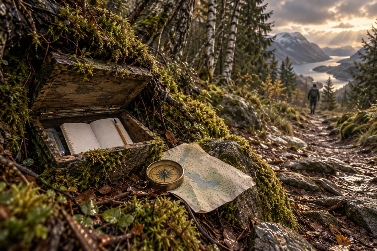 En åpen cacheboks med blank loggbok og kompass ligger ved en mosegrodd sti i norsk skog.