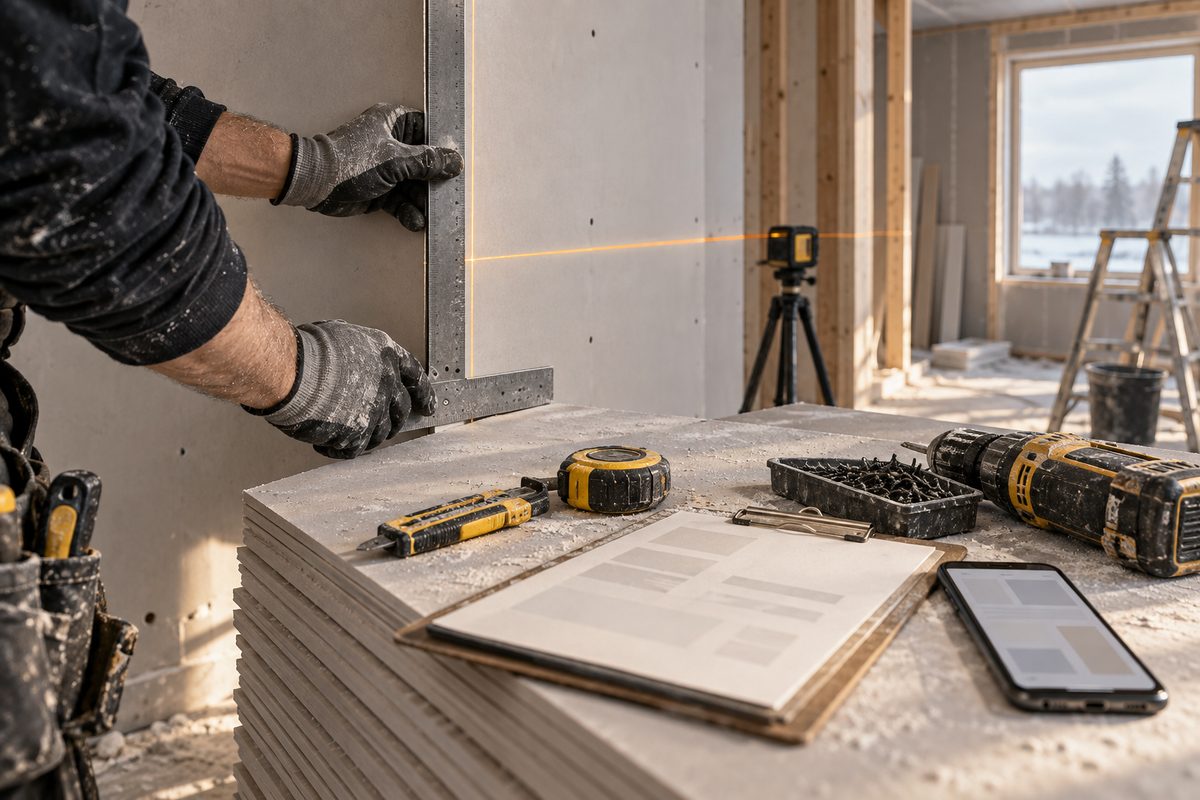 En hånd måler en gipsplateskjøt med laser og vinkel ved siden av verktøy og blank arbeidsmappe.