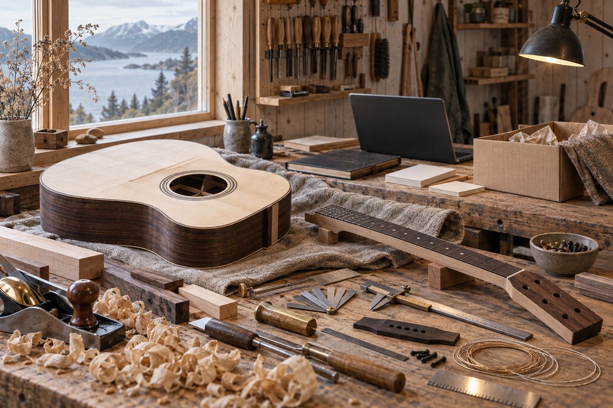 Uferdig gitar, treverk, stemjern og setup-verktøy ligger på arbeidsbenken i et lyst nordisk verksted.
