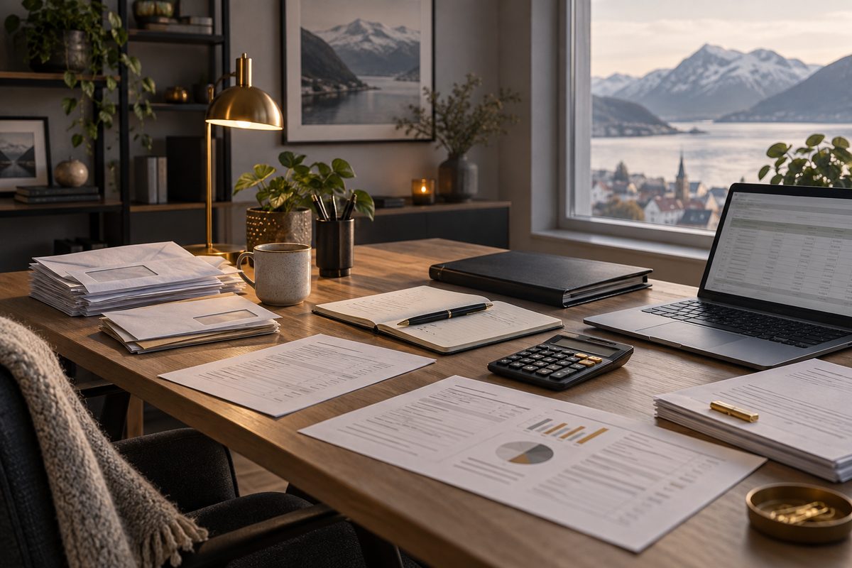 En rolig rådgiverpult med papirer, åpen notatbok, kalkulator og laptop står i varmt lys foran et vindu mot norsk fjordlandskap.