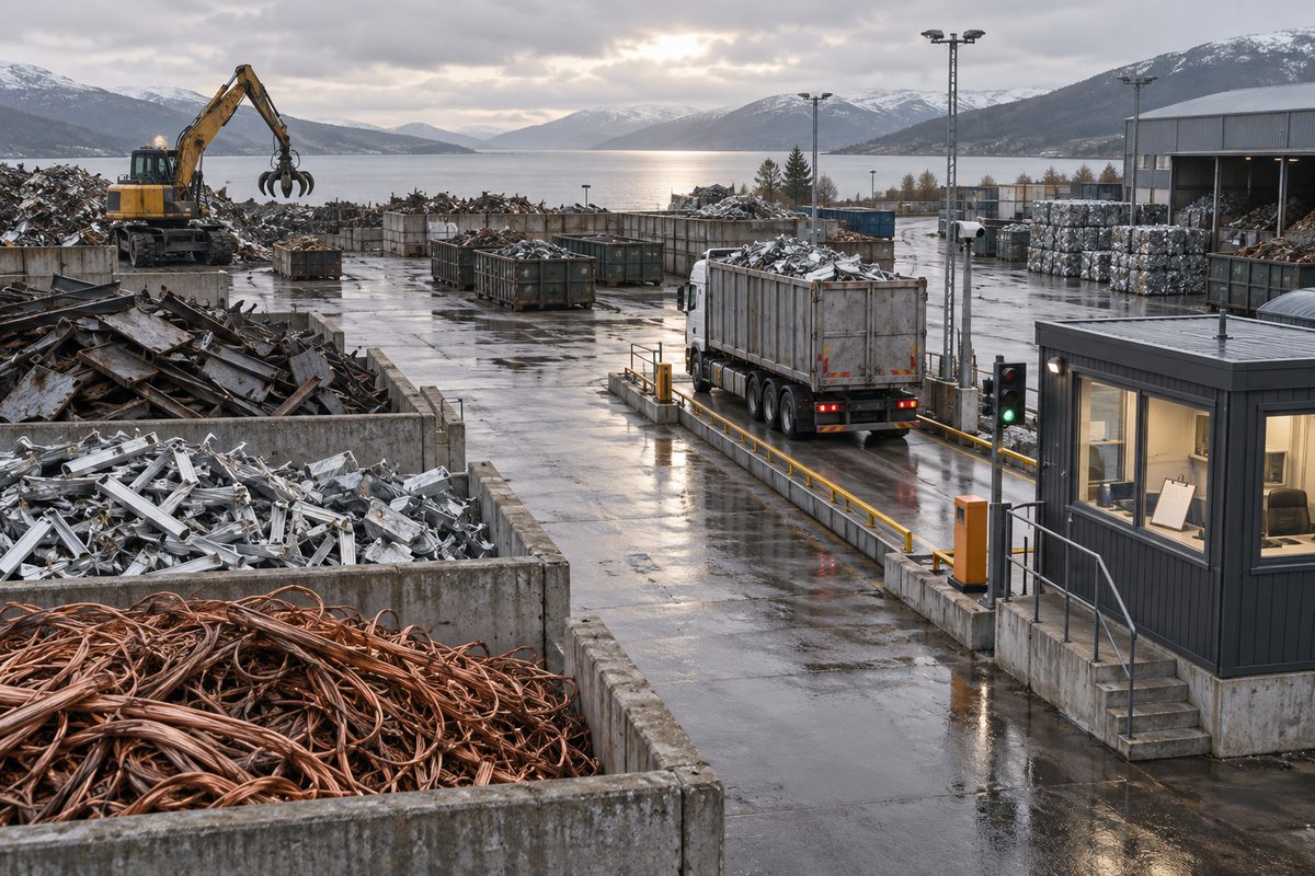 En gjenvinningsstasjon ved fjorden har sorterte metallhauger, en gravemaskin, lastebil og veiehus i grått dagslys.