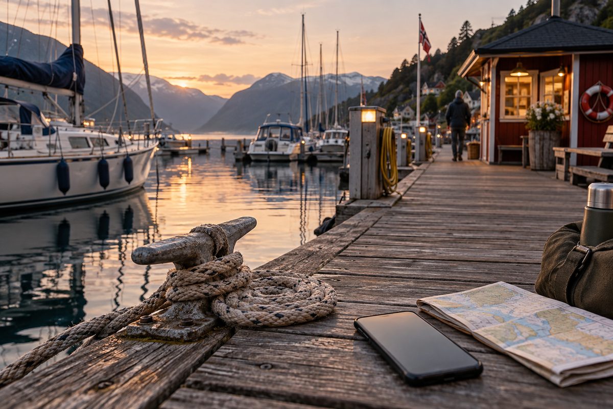 Fortøyningstau rundt en pullert og mobil på trekai i gjestehavn, med småbåter og opplyst havnekiosk mot fjellene ved solnedgang.