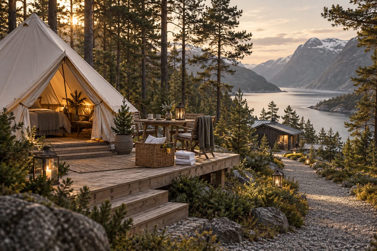 Et lyst glampingtelt med nybrettede håndklær og velkomstkurv ligger på en terrasse mellom furutrær, med fjord og fjell i bakgrunnen.
