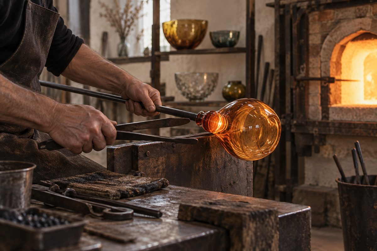 Bare hender former en glødende ravfarget glassvase med jernverktøy ved arbeidsbenken, mens ovnen lyser i bakgrunnen.