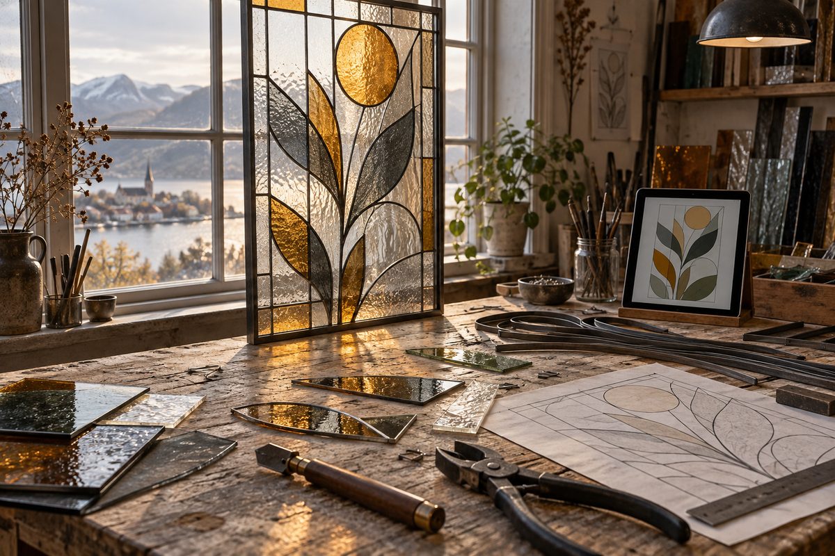 Et glassmaleri i ravgult og grått står ved vinduet over en arbeidsbenk med glassbiter, verktøy, papirskisse og nettbrett.