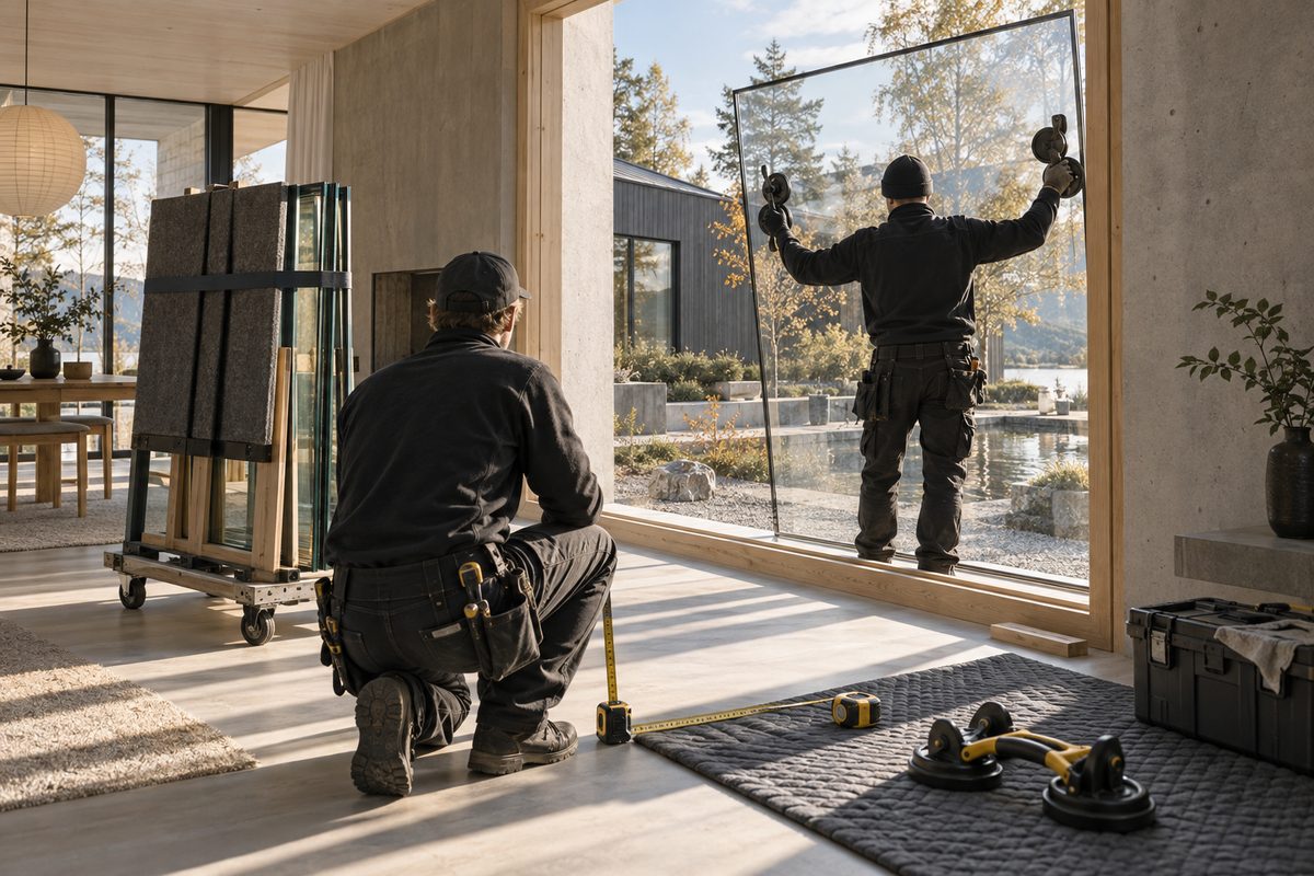 En glassmester løfter en stor vindusrute med sugekopper mens en kollega måler åpningen fra innsiden av et lyst nordisk rom.