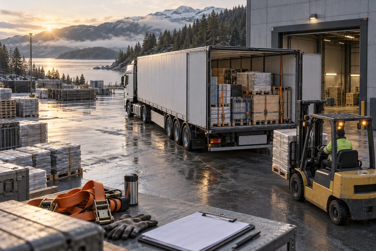 En lastebil med åpen trailer står ved en våt terminal, med paller, truck, stropper og fraktdokumenter i forgrunnen.