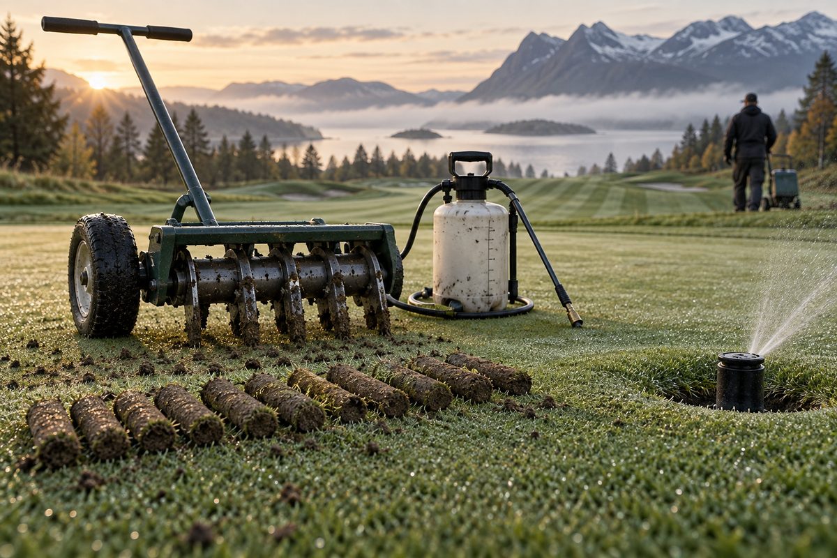 En plenlufter, sprøyteutstyr og jordplugger står på en duggvåt golfgreen, med grønnkeeper og fjell i morgentåken.