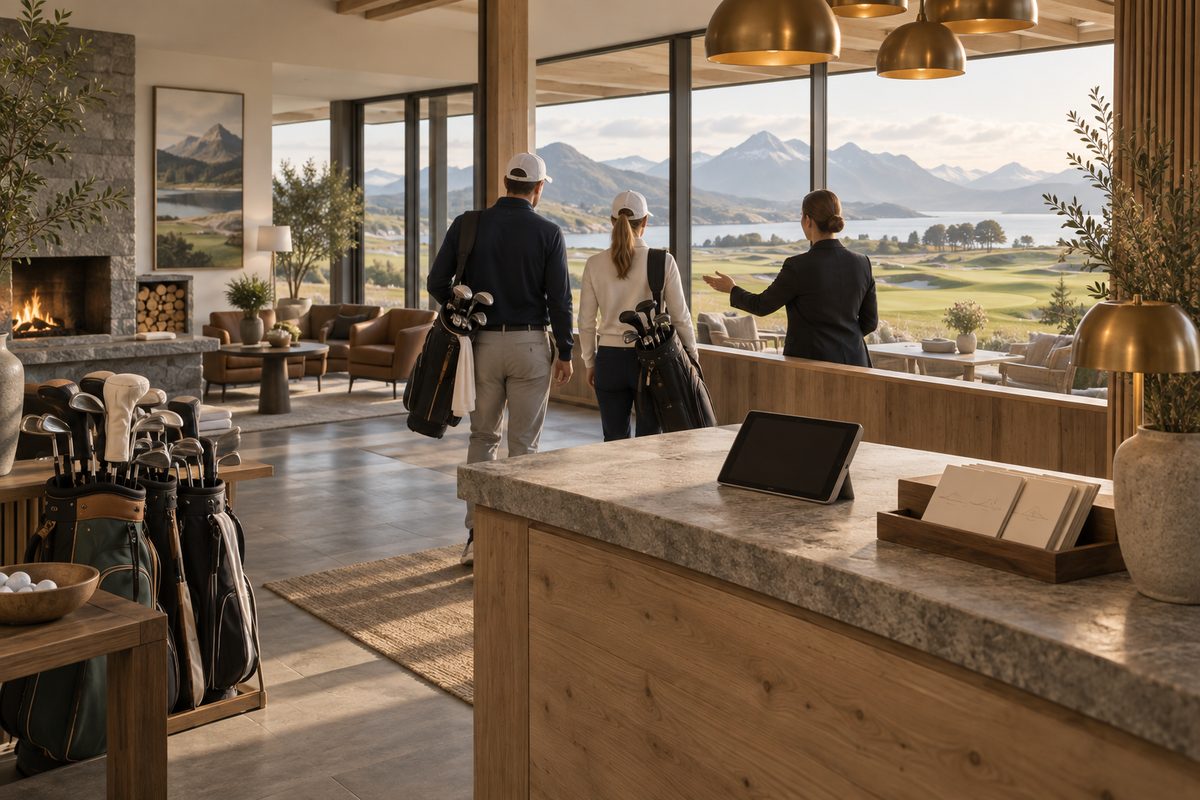 I et lyst klubbhus tar en vert imot golfspillere ved disken, med golfbager, nettbrett og utsikt over banen.