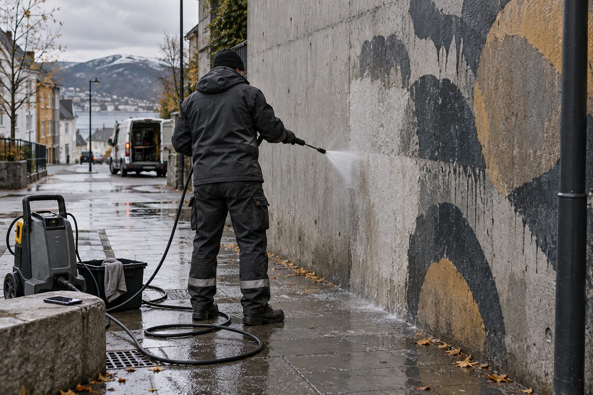 En arbeider spyler abstrakte fargefelt fra en betongvegg i en våt gate, med rengjøringsmaskin og slange ved fortauet.