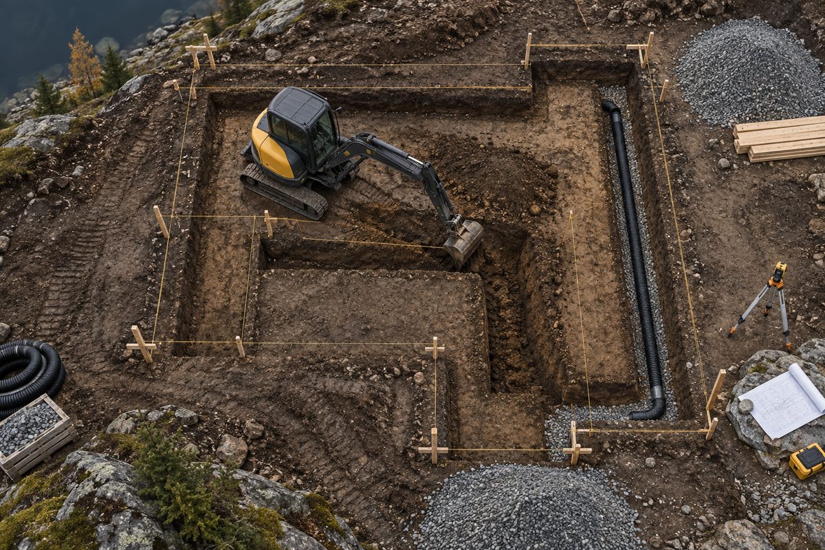 Sett ovenfra graver en minigraver en fundamentgrøft omgitt av målesnorer, oppmålingsstikker, drensrør og grushauger.
