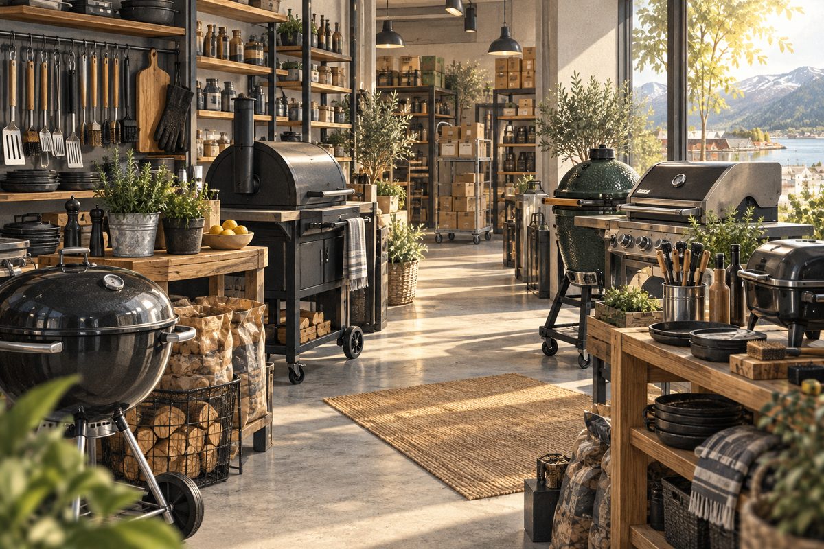 Griller og grillutstyr står utstilt i en lys spesialbutikk, med velordnet lager og sommersol gjennom vinduet.