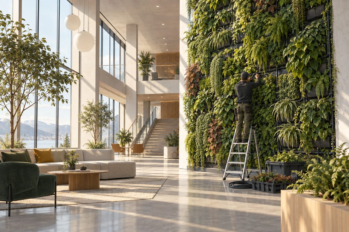 En montør på stige vedlikeholder en frodig plantevegg i et lyst nordisk atrium.