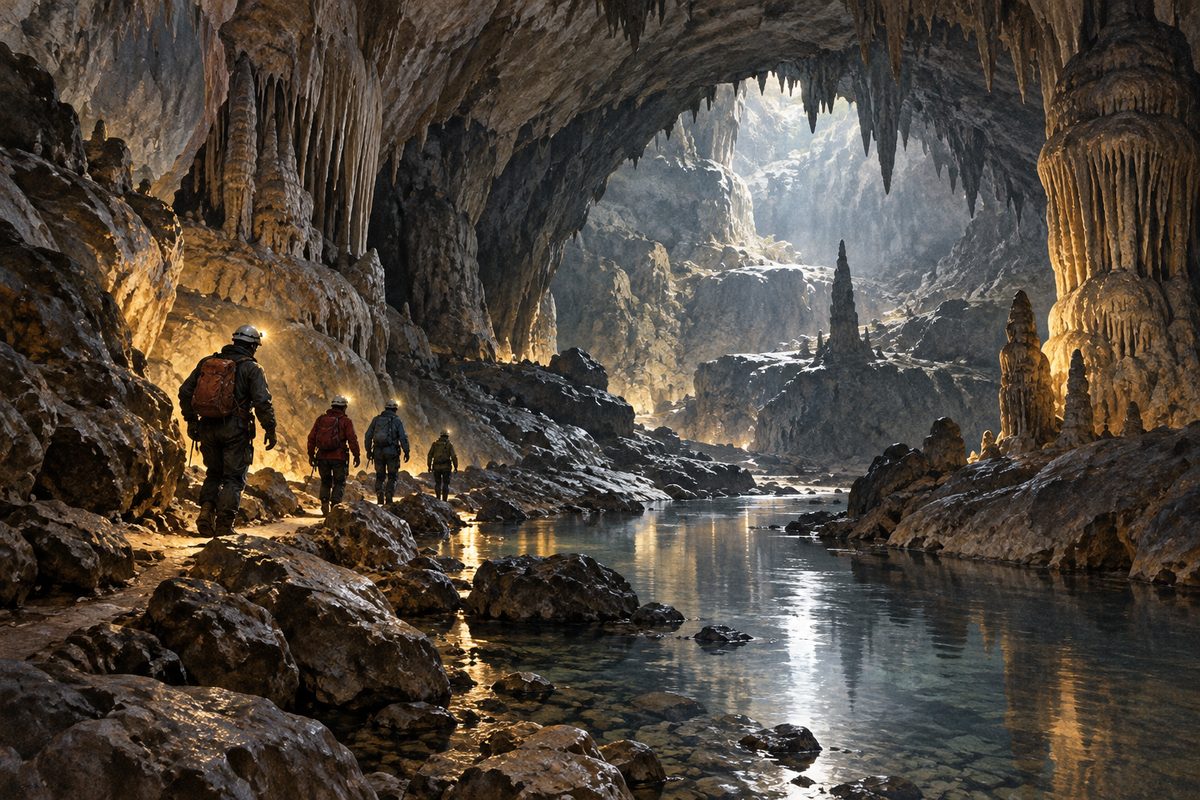 En guide og tre besøkende følger en opplyst sti gjennom en stor dryppsteinsgrotte med vannspeil.