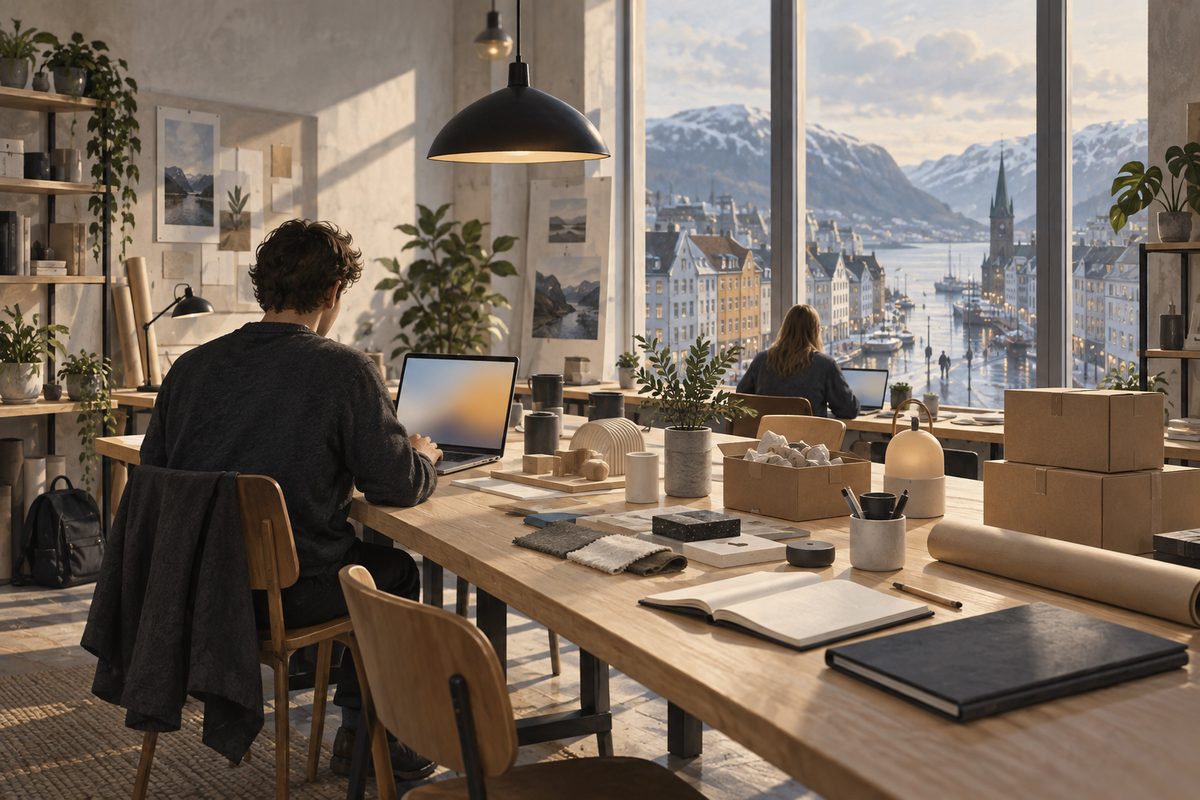 To gründere arbeider ved bærbare PC-er i et lyst atelier med produktprøver og esker foran utsikt over en norsk by.