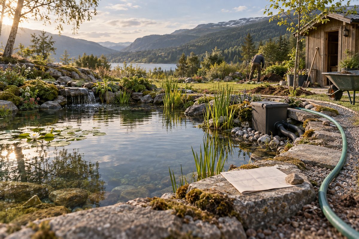 En hagedam med vannliljer og steinkant speiler fjellene, mens filterutstyr, slange og en montør viser at anlegget er under arbeid.