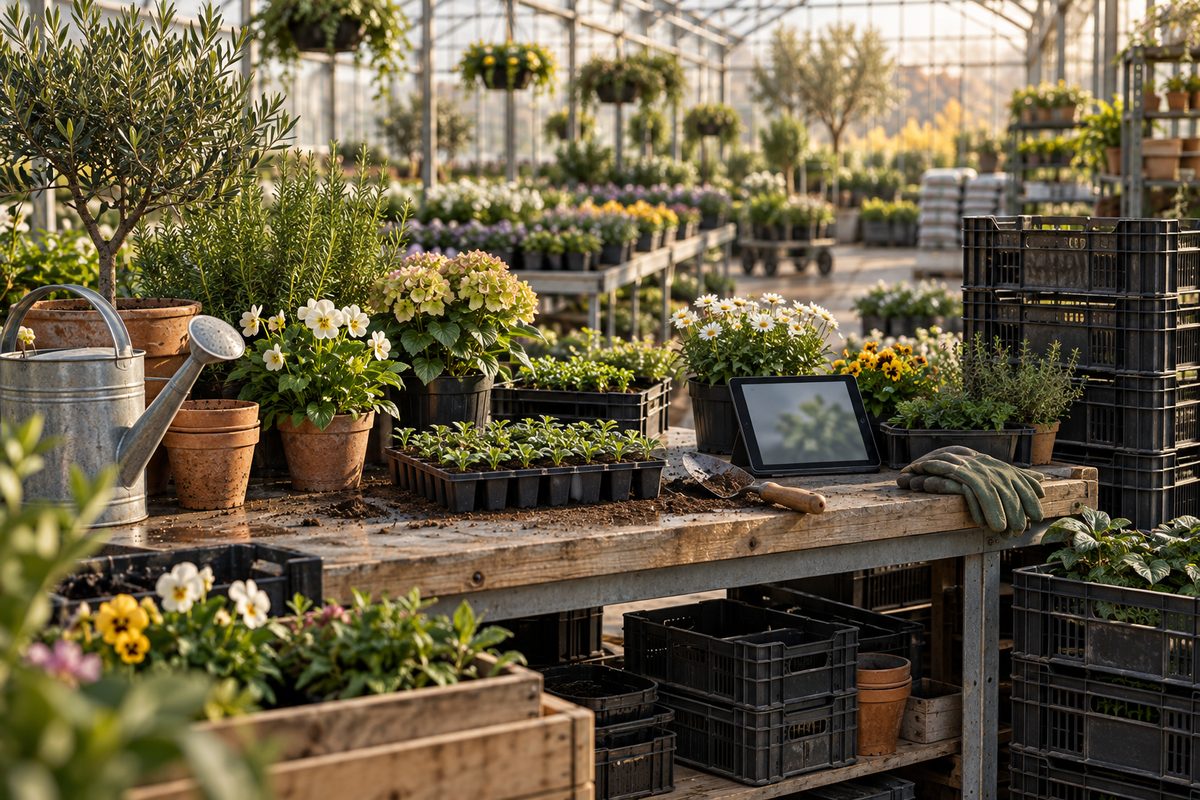 Potteplanter, småplanter og stablede plantekasser fyller en arbeidsbenk i et lyst drivhus sammen med vannkanne og nettbrett.