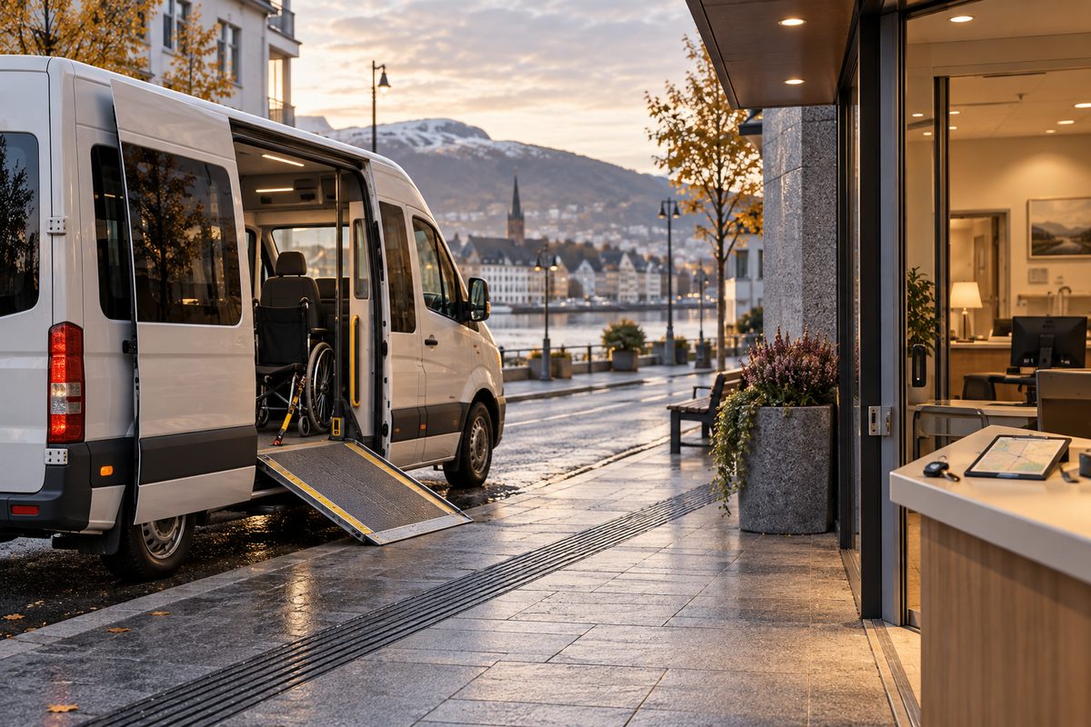 En hvit tilrettelagt minibuss med rampe og tom rullestol står ved fortauet utenfor et lyst kontor i norsk bymiljø.