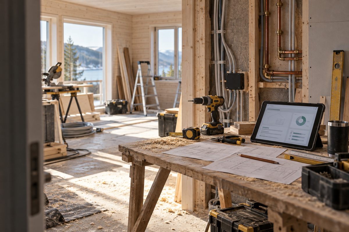 Et arbeidsbord med verktøy, skisser og nettbrett står foran synlige rør og kabler i en lys trebygning under oppussing.