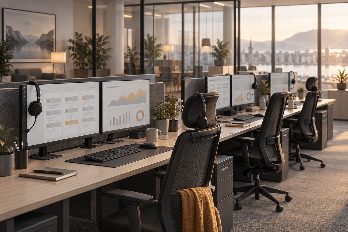 Flere tomme arbeidsstasjoner med headsett og skjermer står på rekke i et lyst kontor med utsikt mot en nordisk by.