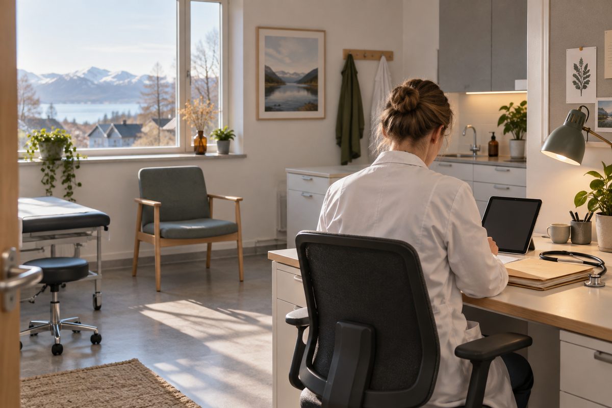 En helsearbeider sett bakfra forbereder konsultasjoner ved et nettbrett i et lyst klinikkrom med utsikt mot fjell og fjord.