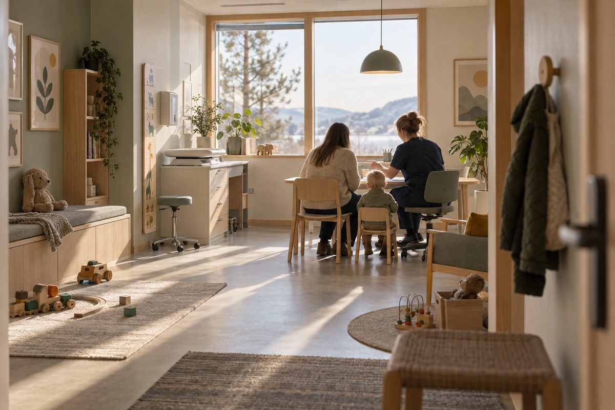 En helsesykepleier møter en forelder og et lite barn ved et bord i et lyst helsestasjonsrom med leker og babyvekt.