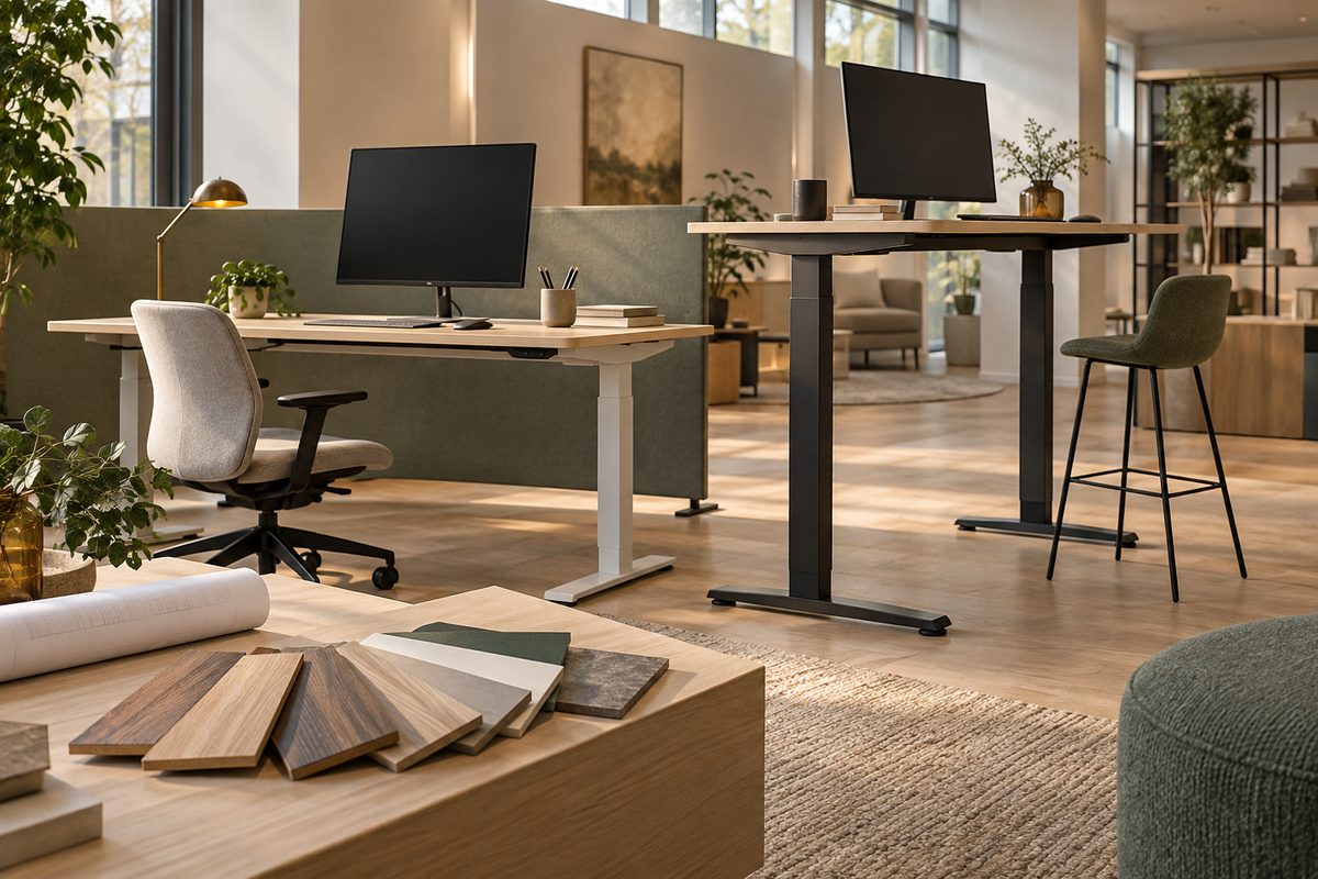 Et møbelshowroom viser to hev-senk-pulter i ulik høyde, med arbeidsstoler, blanke skjermer og prøver av bordplater.