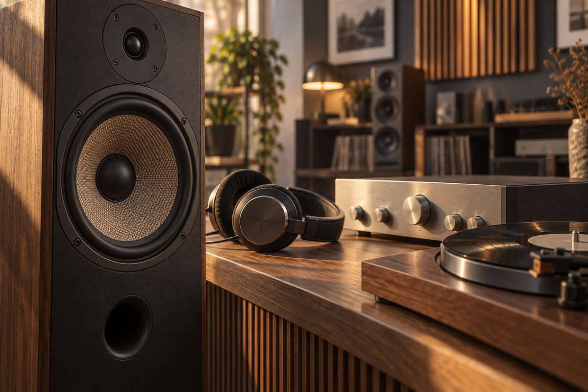 En stor høyttaler med synlig membran står ved hodetelefoner, en forsterker med metallknotter og en platespiller i en hifi-butikk.