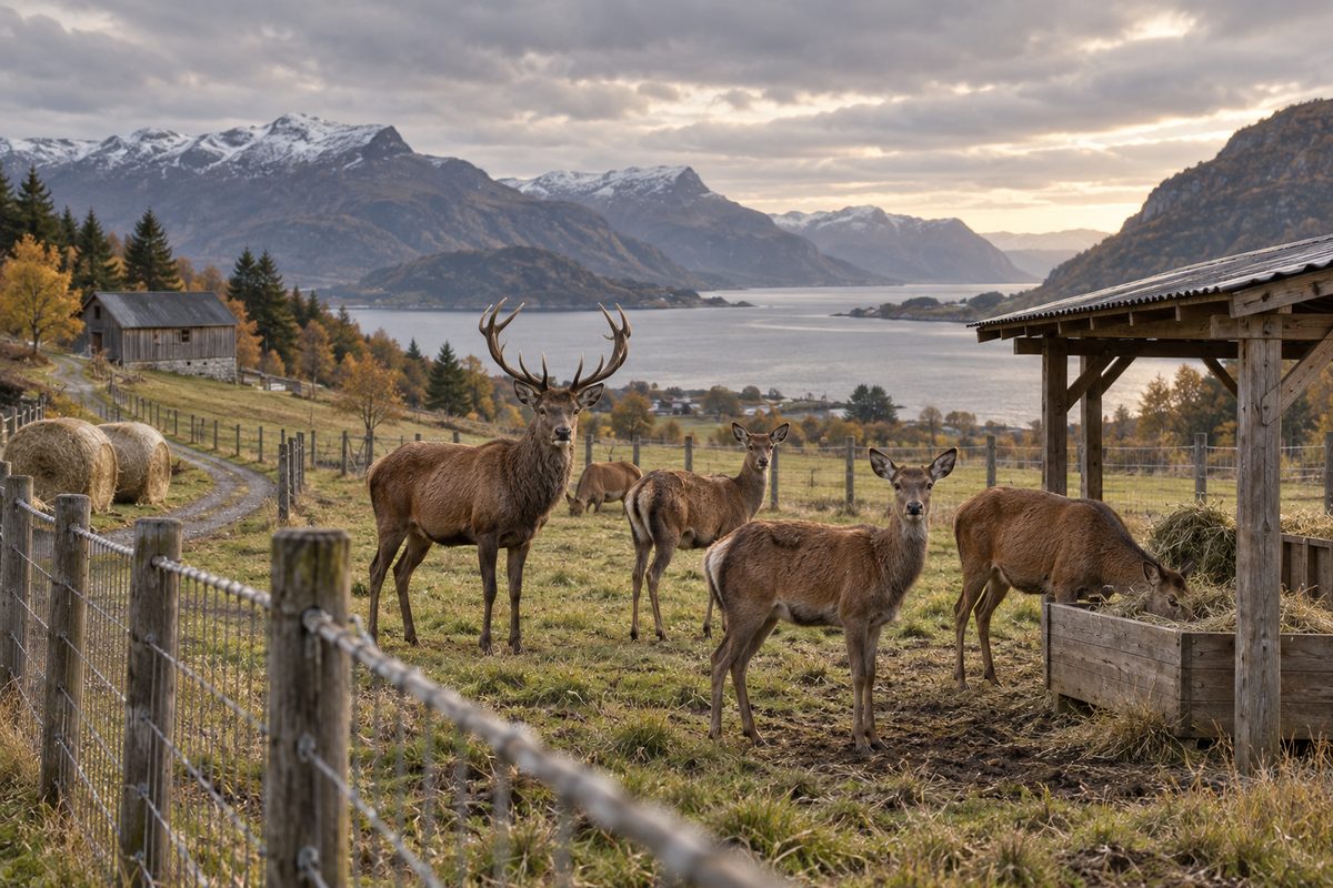 Hjorter står ved et fôrtrau på et inngjerdet beite med høyballer, låve og fjordlandskap mellom norske fjell i bakgrunnen.